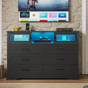 SIKAIC Farmhouse 6-Drawer Dresser with LED Lights, Charging Station, Sliding Door - Stylish Home Interior Storage Cabinet with Functional Design for Bedroom, Living Room Organization