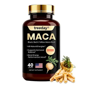Treeday 3-in-1 Maca Root Dietary Capsules - 16000mg High Potency, 40 Count Natural Supplements for Fitness, Focus, Hormonal Balance