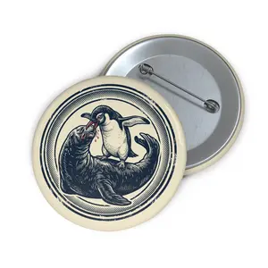 Penguin Eats Seal Vintage Illustration Pin Button