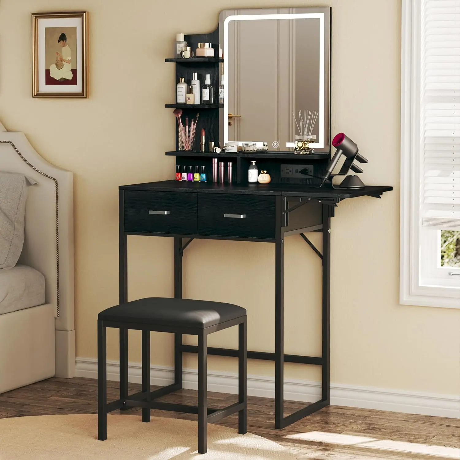 Makeup Vanity Desk with Mirror and Lights, Small Makeup Vanity with Fabric Storage Drawer & Chair & Shelves, White Vanity with Fold-up Panel and Power Outlet for Bedroom