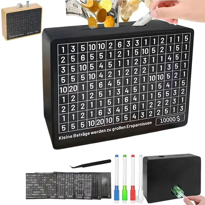 Money Saving Box Cash Vault Wooden Savings Challenge Box , Reusable Dollar and Euro Money Jar, 8 Saving Amount Slots, Portable Cash Savings Box, Home Office Safe  Bank, Cash Coin Jar, Money Storage Box