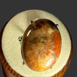 Natural Silicified Coral Fossil agate-crystal Ring - Silver-Plated Copper, Adjustable Fit, Natural Materials