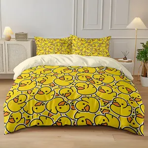 3-piece set (1 duvet cover, 2 pillowcases, without filling) with playful and cute cartoon little duck/Yellow Duck print. Soft and comfortable bedding set, suitable for room decoration, usable in all seasons, and ideal as a gift. Soft Bedding Sets