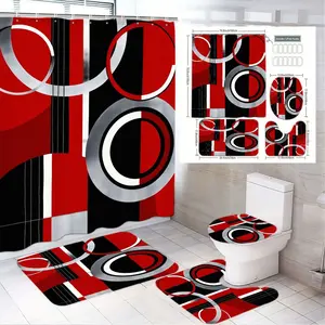 1/4pcs Modern Geometric Red Black White Shower Curtain Set with Matching Toilet Seat Cover & Bath Mats, Bold Circular Striped Design for Bathroom Decor, Perfect for Christmas, New Year, Housewarming Gifts, Bathroom Decoration Accessories