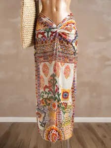 Women's Boho Floral Print One-Piece High Waisted Swimsuit, Casual Elegant Beachwear, Summer Vacation Swimwear, Sexy Knitted Fabric Bathing Suit, Tropical Print Swimsuit, Casual Fitted Swimwear