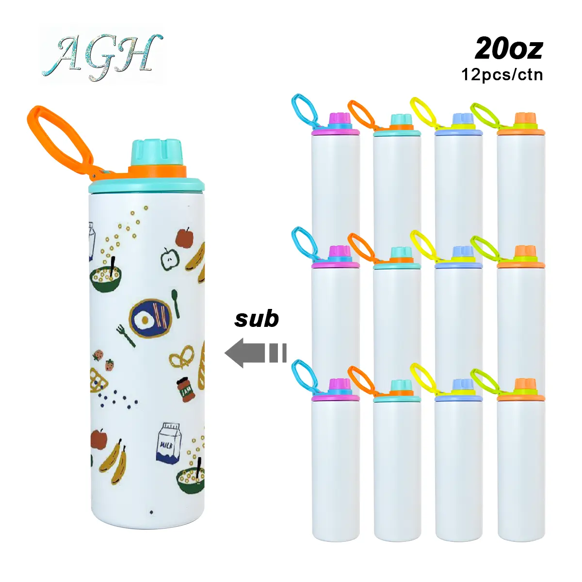 AGH NEW 12pcs 20 OZ sublimation sprots stainless steel tumbler mixed color handle lids exclusive for custom unique tumblers with rubber bottom, shrink-wrapped, high temp tape Bottles Flasks