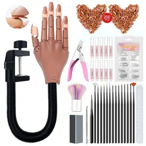 Flexible Movable Practice Nail Hand with 200 Pcs Refill Nail Tips Nail Glues Brush and Clipper for Acrylic Nails Practice Set
