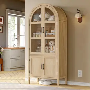 ONBRILL 71" Tall Arched Cabinet, 5-Tier Arched Kitchen Pantry with Glass Doors & Shelves, Modern Display Arch Cabinet with Adjustable Feet, Wooden Pantry for Living Room, Dining Room