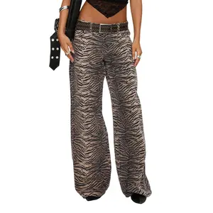 Women's Tiger Striped Denim Pants Fashionable Casual Low Waisted Wide Leg Jeans with Pockets  Vintage Wide Leg Straight Denim Pants Womens Casual Trousers