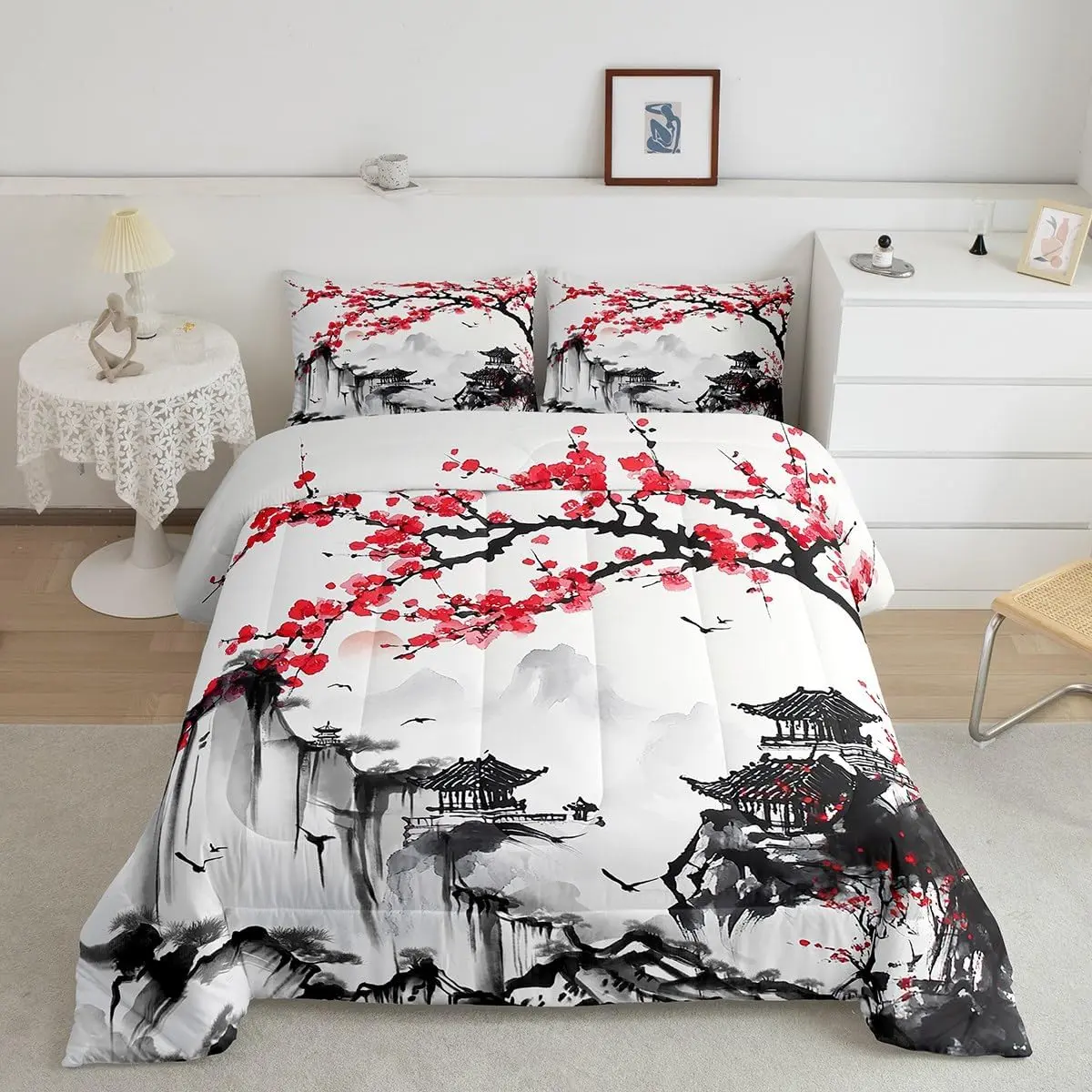 Feelyou Japanese Style Breathable Microfiber Bedding Set - Hokusai Ukiyoe Pattern Comforter, Cherry Blossoms Duvet, Decorative Bedroom Linens Set, Decorative Bedding Set