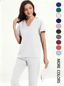 Women's Medical Short Sleeve V-Neck Multi-Pocket Set Uniforms, Lightweight Comfortable, All Seasons, Suitable for Nurses Doctors Dentists Beauty Salons, Workwear