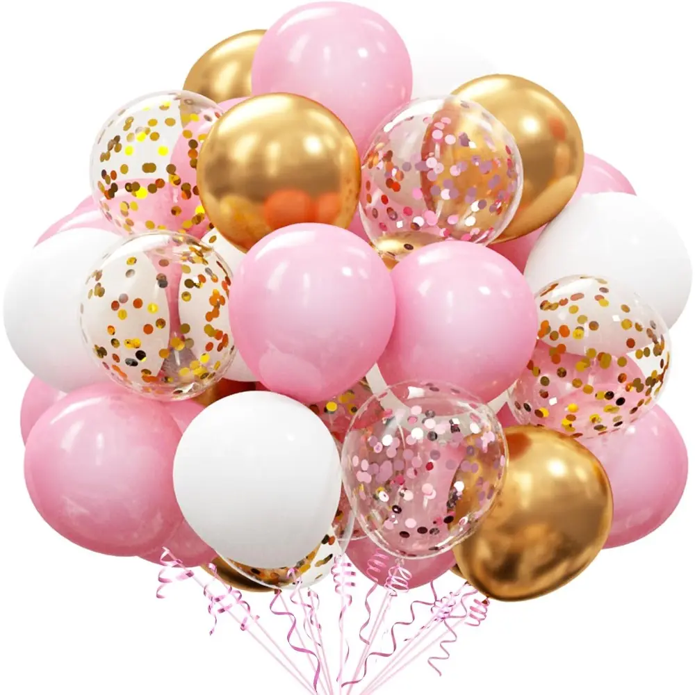 62-Pc Thick Pink Gold Round Confetti Latex Balloons Kit - 12in Pink White Gold Helium Balloons, Backdrop & Photo Features, Festive Party Supplies for Girl’s Wedding, Birthday Decorations