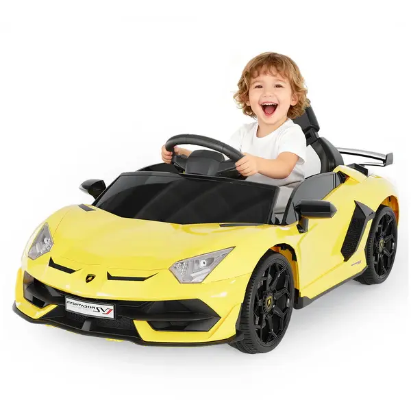 GARVEE Licensed 12V Rechargeable Lamborghini Kid Supercar Unisex Ride-On Wheels Toy for 3+ Years - Remote Control Parent Mode, 2 Speeds, Bluetooth, AUX/USB for Shared Tunes, LED Headlights, Hydraulic Doors, Safe Materials, Sound System, Holiday Gift