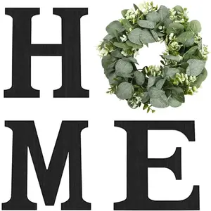 Wooden Home Sign, Home Decoration, with Artificial Eucalyptus Wreath for O, Hanging Farmhouse Wall House Decor Wood Letters for Wall Art Farmhouse Design Home Decor, Wall Decor for Living Room Kitchen Entryway, Cabin Room Decor (Black)