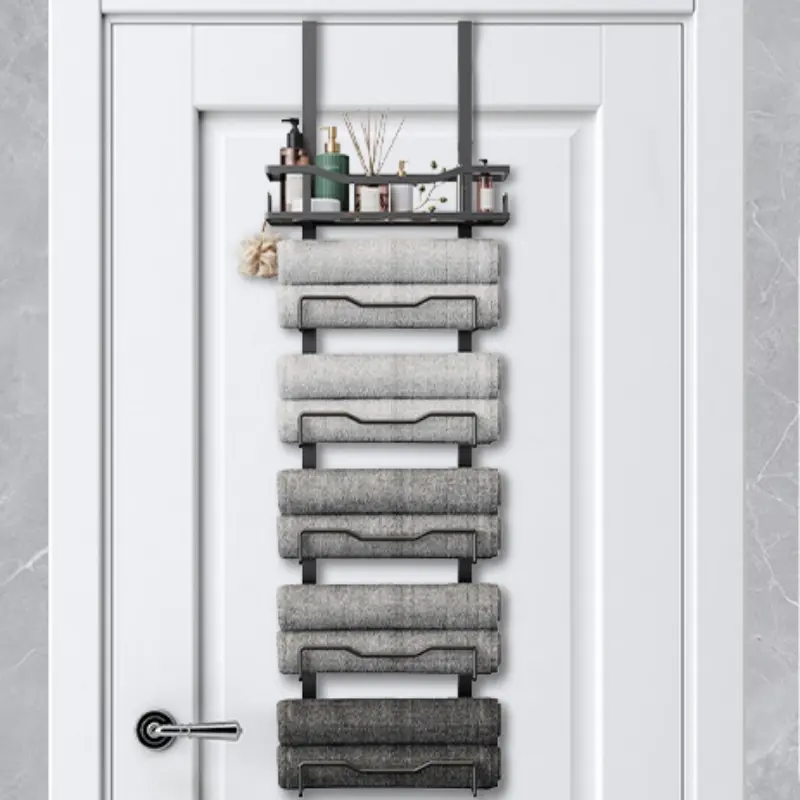 Black Metal Bathroom Towel Holder - Door-Mounted Storage Rack with Shelf, Holds 6 Large Towels, Space-Saving Eco-Friendly Modern Accessory with Easy Installation for Shower Door