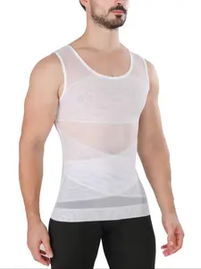 Men's Solid Color Sheer Mesh Compression Waist Trainer Waistline Enhancer Shapewear Vest, Breathable Comforte High Stretch Tighter Fit Round Neck Tummy Control Body Shaping Tank Top, Men's Shapewear for Daily Wear All Seasons