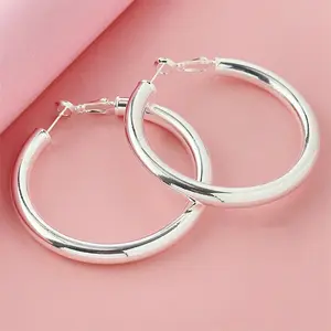 925 Sterling Silver Plated Post Chunky Hoop Earrings,  Earrings for Women Lightweight Hollow Tube 50MM Big Large Hoops for Women