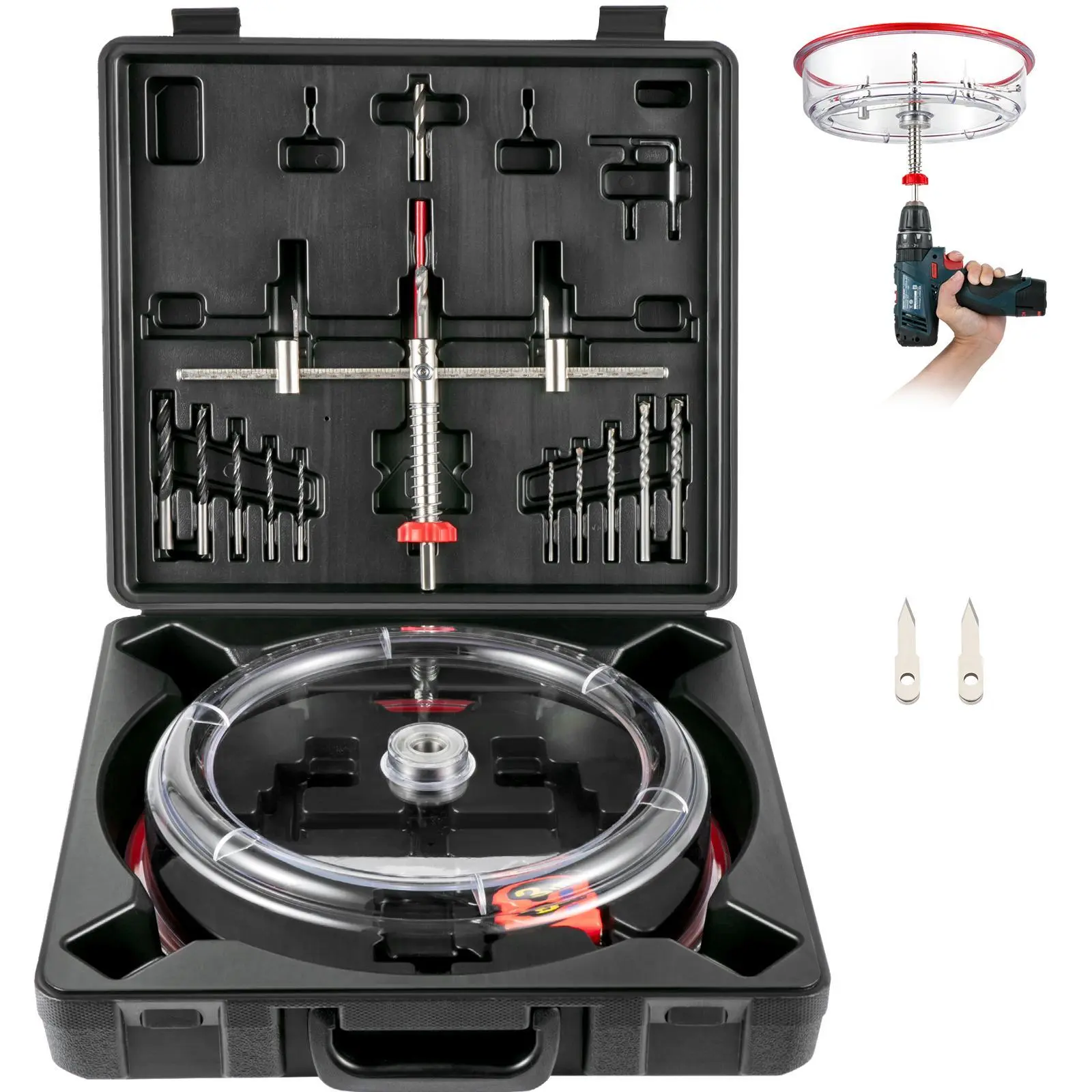 【Summerfinds】VEVOR Adjustable Hole Saw Cutter Kit, 1-5/8\" to 11-13 /16\" (40-300 mm), Recessed Hole Saw with PC Dust Shield, Two Replaceable Pilot Drill Bits, for Recessed Lights, Ceiling Speakers, Vent Holes