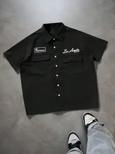 Men's Loose Fit Utility Pocket Design Casual Shirt, Blue Button-Up Short Sleeve Shirt, Multi Pocket Casual Shirt, Graphic Print Los Angeles Reviewer Mechanic Shirt, Button Front Shirt