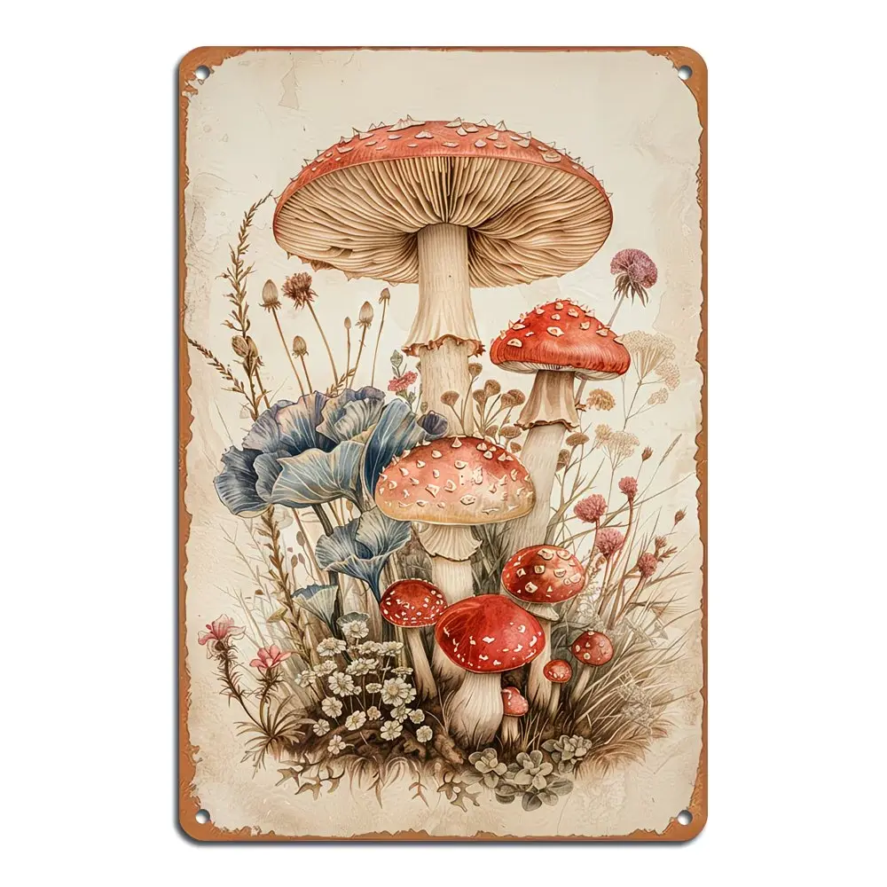 Vintage Red Amanita Mushroom Rustic Metal Tin Sign, American Retro Cottagecore Botanical Wall Art Plaque, Casual Daily Living Room Decor for Farmhouse-Witchy Space, Mushroom Set Home Signs Unique Accent, Home Decor Products
