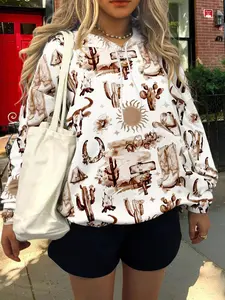 Unisex Fall & Winter Hoodie, Cow Boot Cactus Western Desert Boho Graffiti Print, Casual Fitted Sweatshirt for Fashionable