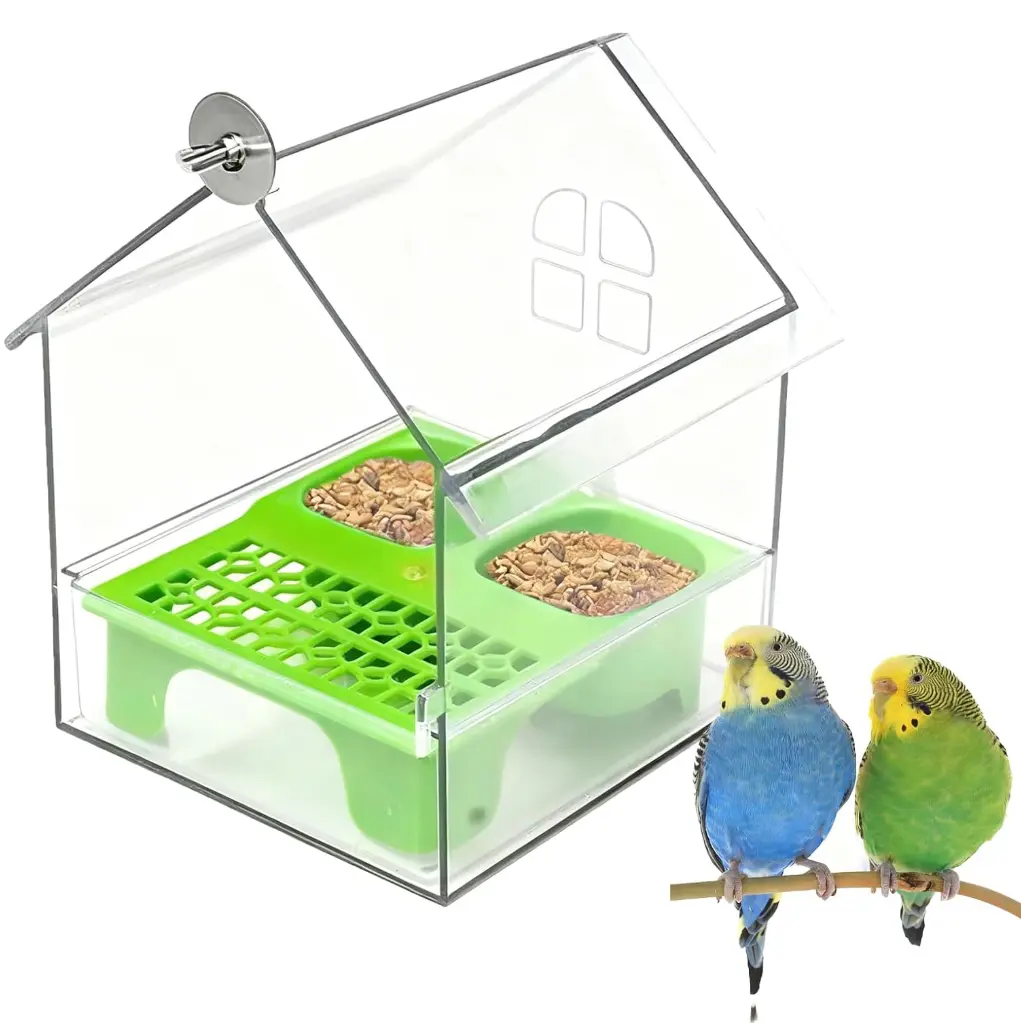 2-in-1 Acrylic Bird Feeder & Bath Box with Pull-Out Drawer, Anti-Splash Mess-Free Station for Small-Medium Birds (Budgie, Parakeet)