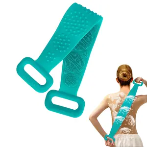 Silicone Back Scrubber Belt For Shower Exfoliating Foaming Body Wash Strap Brush Bristles Massage Dots W/ Adhesive Hook