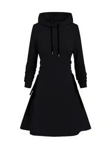 Women's Cartoon Pumpkin Print Lace Up Side Drawstring Hooded Dress, Fashion Casual Halloween Themed  Ruched Long Sleeve Sweatshirt Hooded Dress for Daily Holiday Outdoor Wear, Women Dress for Fall & Winter