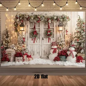 1pc 2D Flat Christmas pty Backdrop Banner - Snowman Pine Trees Garland decors - Electricity Needed Easy Hang Adhesive Strips - Durable Polyester Fabric Indoor/Outdoor decor Photo Booth Home Office
