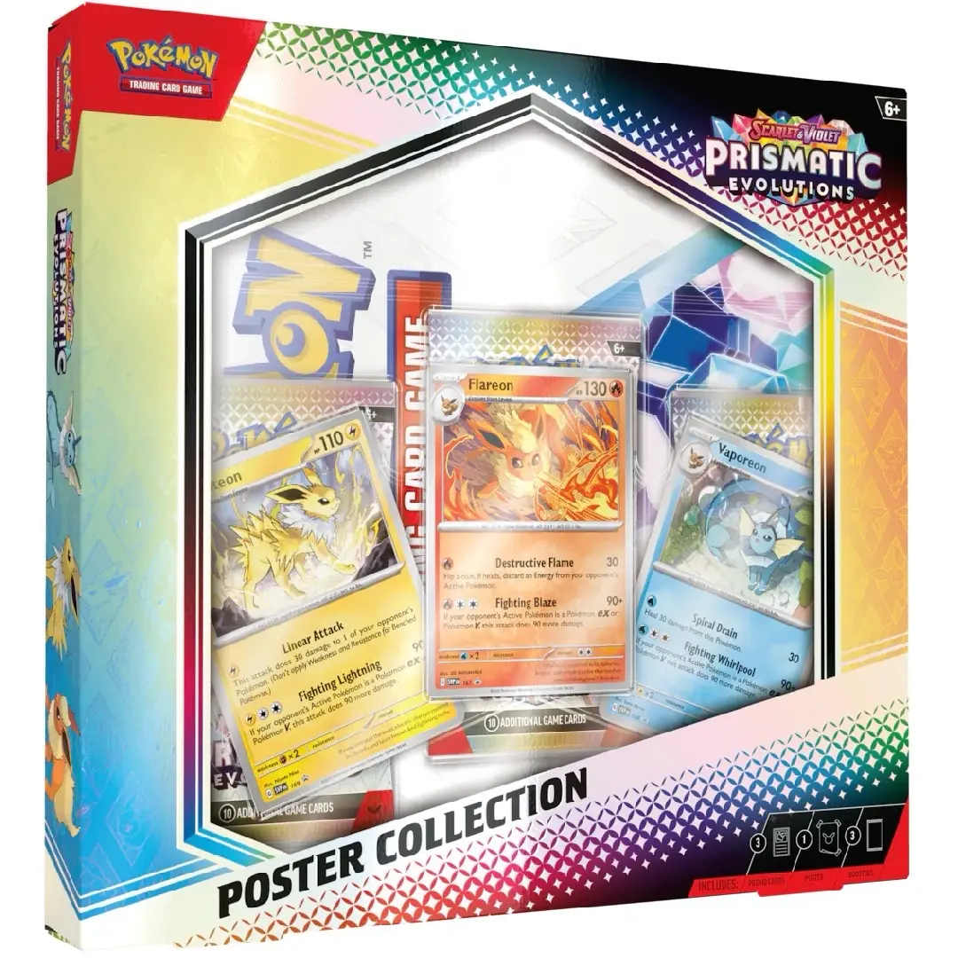 Pokémon Scarlet & Violet Prismatic Evolutions Poster Collection with 3 Foil Promo Cards Featuring Flareon, Vaporeon, & Jolteon & 3 Booster Packs-DGeneral