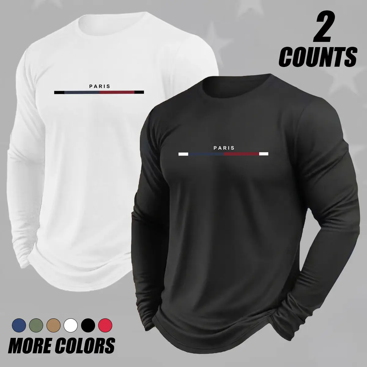 Men's Polyester Clothes, 2-Pack Long-Sleeve Athletic Top, Solid Color Regular Fit Crew Neck Casual Sports Tops for All Seasons, Solid Colors, Round