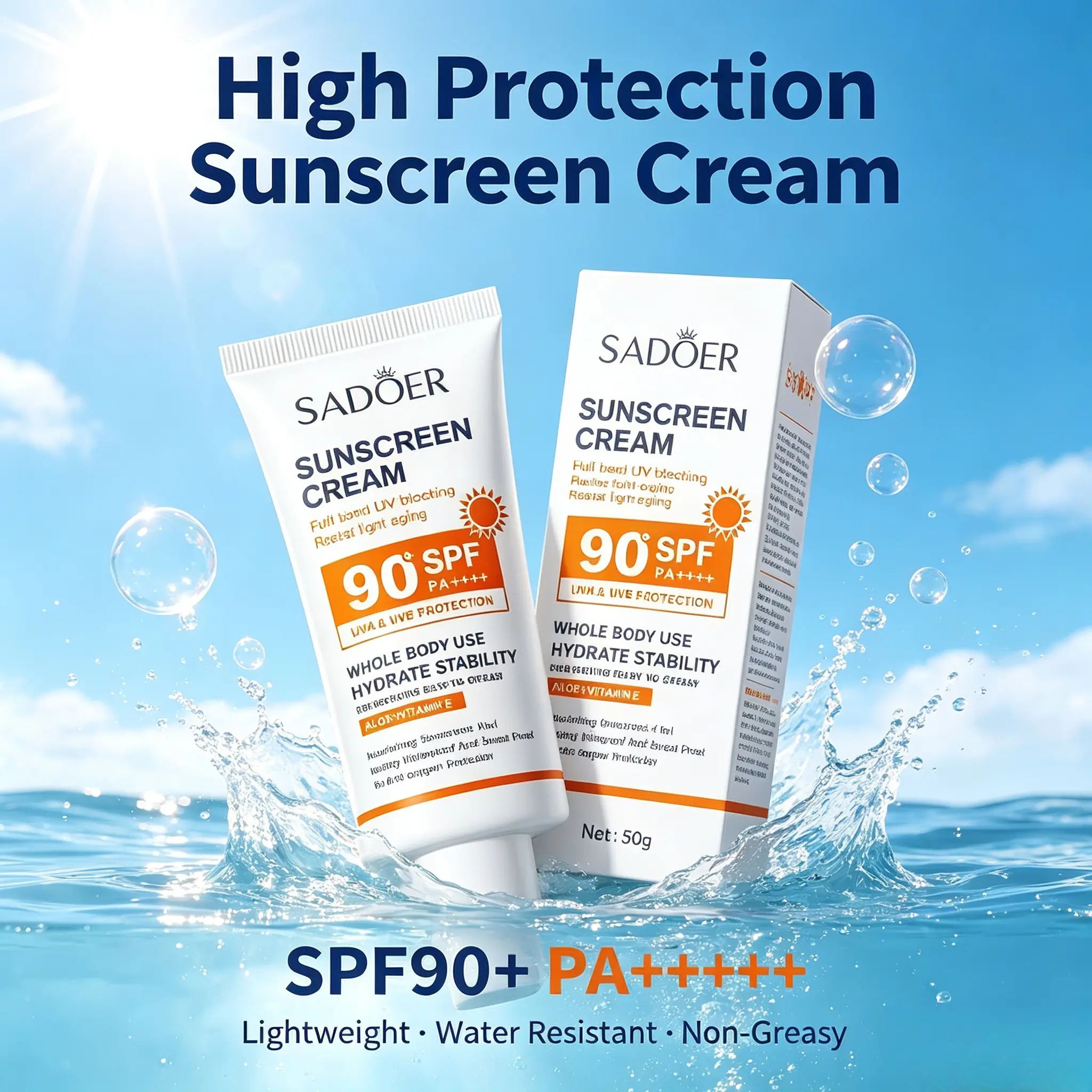 SADOER Lightweight Sunscreen Cream, Facial & Body Sun Protection with SPF90+ PA++++, Water Resistant for Daily Sun Care