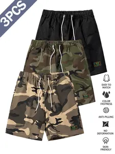 3pcs Men’s Camouflage Sports Cargo Shorts — multi-pocket design, drawstring breathable shorts; casual street style, suitable for everyday wear and pairing with urban outfits.