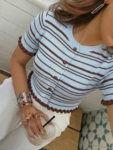 Women's Spring & Summer Striped Color Block Short Sleeve Knit Vest, Ruffled, Elegant Hemline, Perfect for Photoshoots, Daily Wear, Casual Strolls, Sweater, Knitted, Elegance, Womenswear