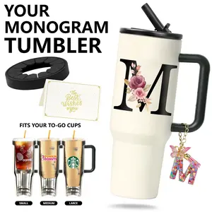 Graduation Gifts , Personalized Monogram 40oz Tumbler with Handle and Straw, Summer Vibes Aesthetic, Universal Cup Insulator for To-Go Cups, Leak-Proof Insulated Mug with Keychain & Card, Class of 2026
