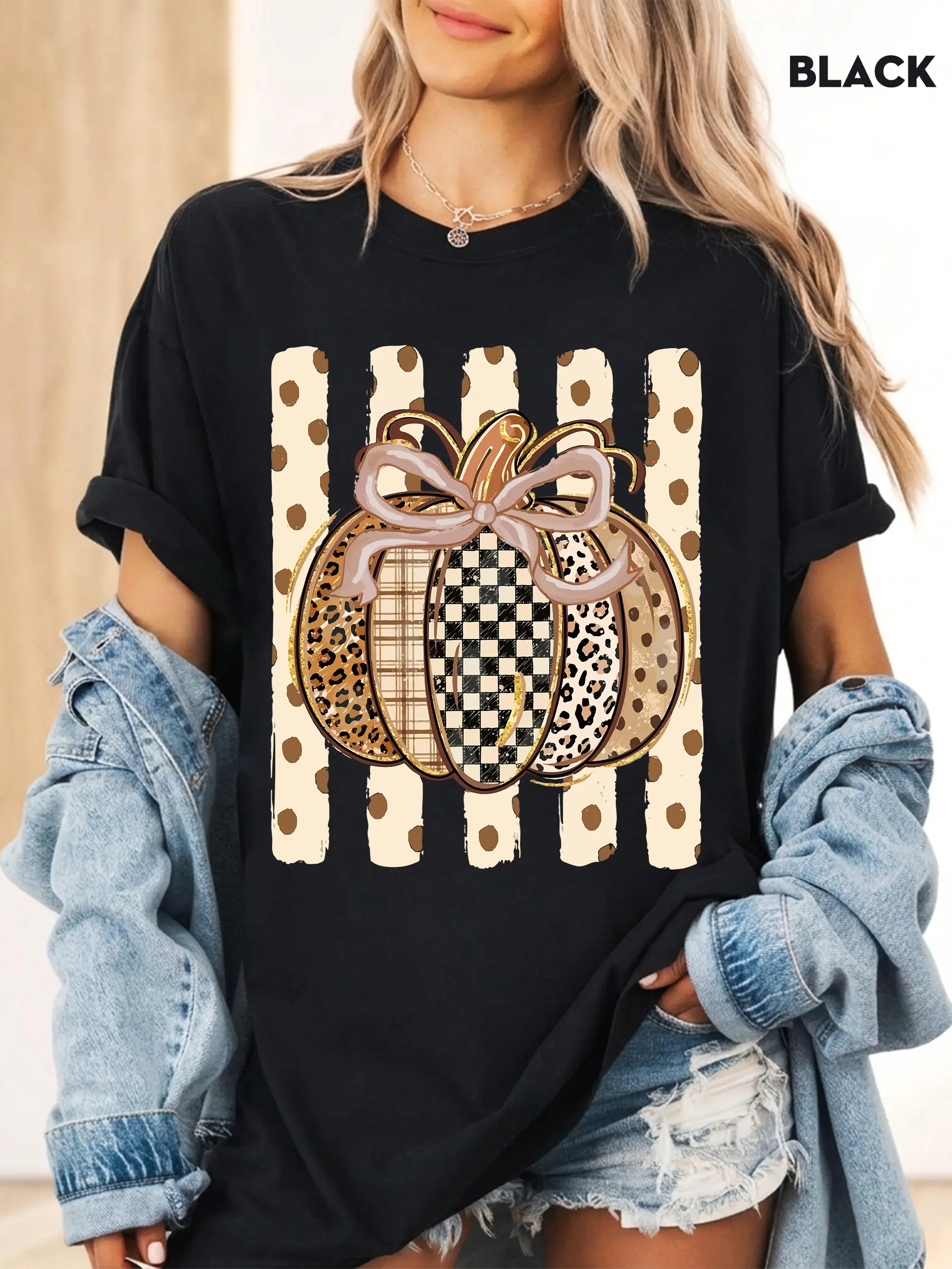 Comfort Colors Leopard Checkered Striped Pumpkin Coquette Bow Fall Autumn Shirt, Preppy Pumpkin Spice Thanksgiving Tee