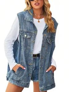 Women's Oversized Denim Vest Sleeveless, Jean Jacket Vest Button Down, Basic Long Waistcoat With Pockets Streetwear, All-Season Wear, Perfect for Daily
