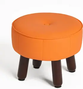 13in Small Foot Stool Ottoman, Round Faux Leather Foot Rest for Couch, Under Desk Pouf Footstool Footrest with Non-Skid Rubber  for Ling Room, Bedroom, 13''L x 13''W x 10.2''H, Orange