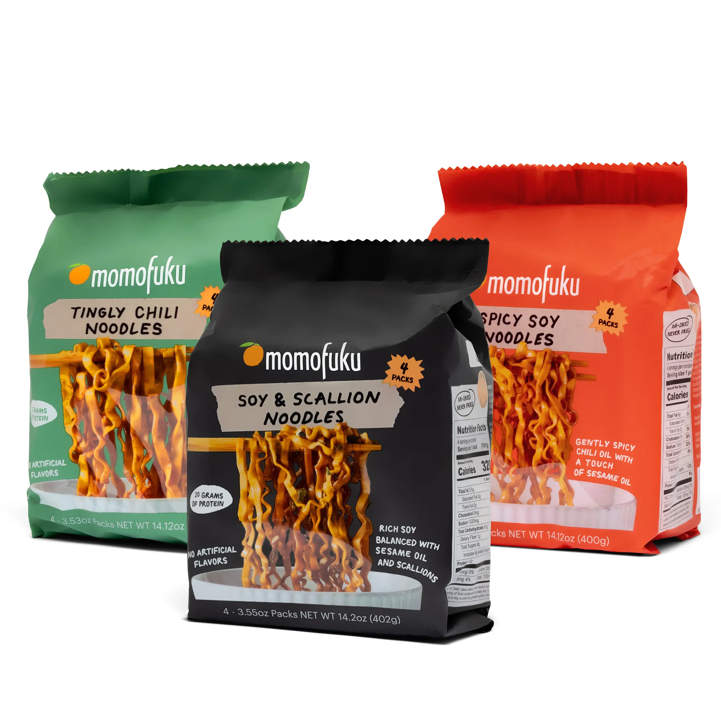 Momofuku Noodle Variety Pack -  Servings of Soy & Scallion Spicy Soy Tingly Chili Dried Noodles for Flavorful Meals Savory