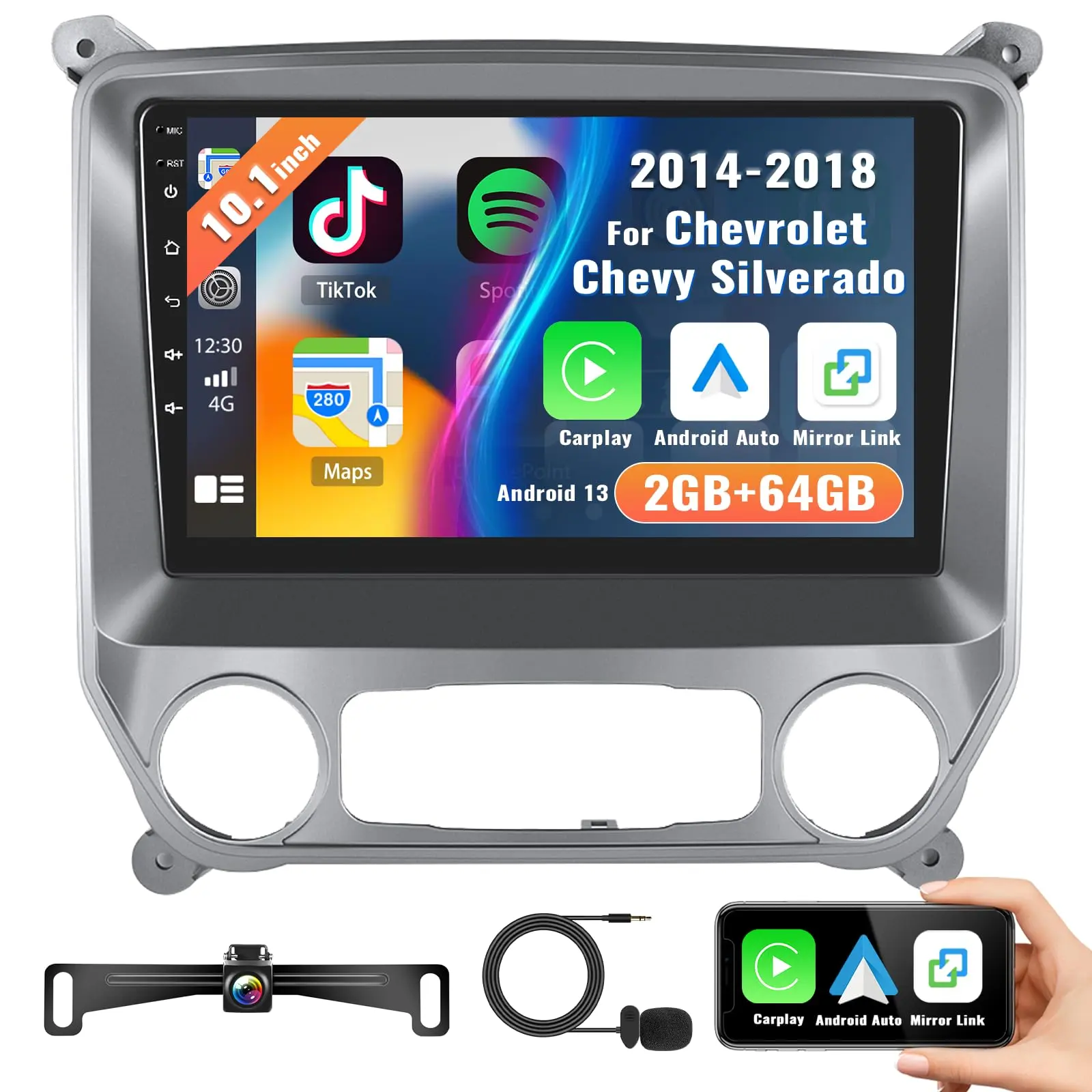 Summervibes 10.1” 2+64G Android 15 Car Stereo with Car Audio Wireless CarPlay & Android Auto Radio for Chevrolet Silverado GMC Sierra 2014-2018, Supports GPS Navigation, Bluetooth, Mirror Link, FM, WiFi, Backup Camera, Mic, Carplay Screen For Car fathersd