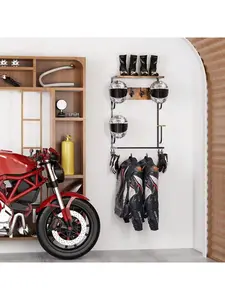 Gaomon Wooden Motorcycle Helmet Rack - Wall-Mounted Garage Storage with Hanging Metal Hooks, Wooden Material Equipment Holder for Motorcycle Leather Gear