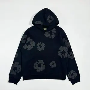 Denim Tears Hoodie & Jogger 2 Piece Tracksuit | 3D PuffFloral Print Oversized Loose Fit Black Cotton | Unisex MenTeen Street Daily Weekend Outfit I Trendy Must-Have UltraCozy Stylish Outfit