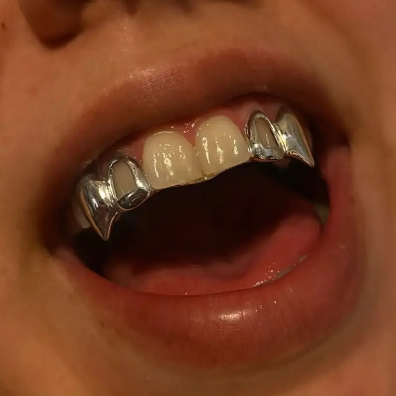 2pcs/SET Hip Hop Double Fang Teeth Grillz for Teeth Golden Color Plated Canine Two Tooth Upper Top Fangs Hollow Vampire Teeth Grills Jewelry symmetry on both sides Oral Dental Braces Stainless Wire Brace woman white gold necklace gift set