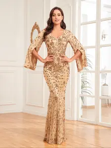 Women's  Solid Sequins Bodycon Dress, Elegant Cloak Sleeve V Neck Maxi Evening Party Gown, Ladies Spring & Fall Clothes