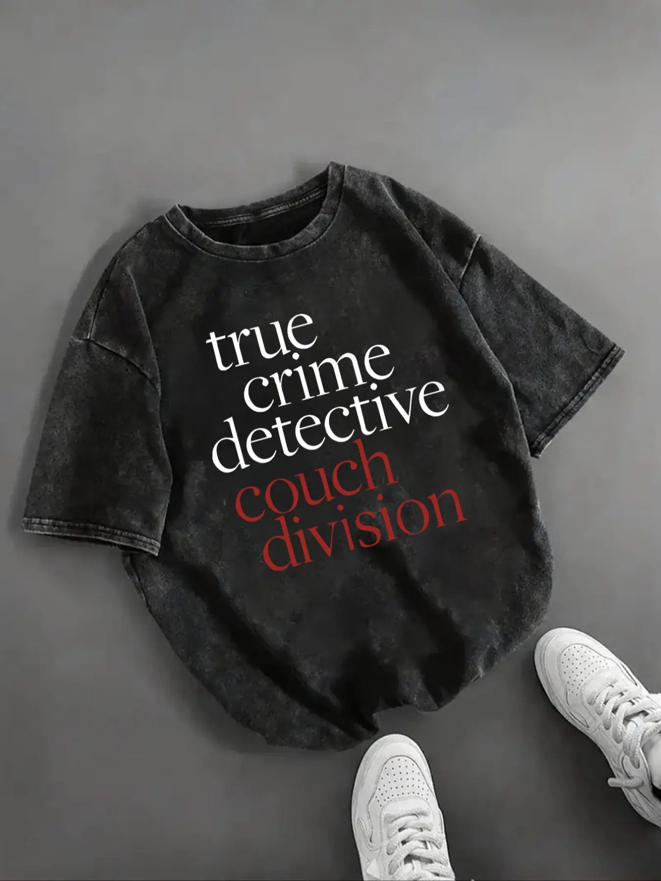 Women's Vintage Wash Cotton Soft T-Shirt Printed, True Crime Detective Couch Division Statement Print, Casual Loose Fit Short Sleeve Top, Summer Fashion