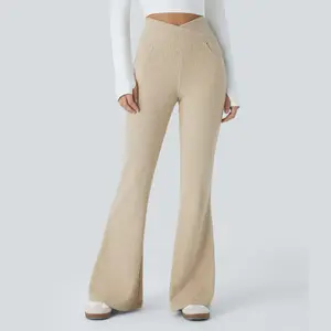 Halara Women's Ribbed Knit Crossover High-Waisted Side-Pocket Retro Flared Pants, Womenswear Casual Bottom Garment