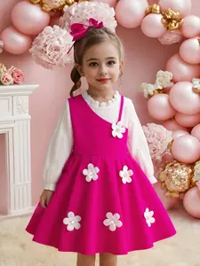Charming Long Sleeve Floral Dress for Toddlers & Girls ChicRuffle Neck Elegant Black/Beige Botanical Print Perfect for Fall/Spring School or Parties