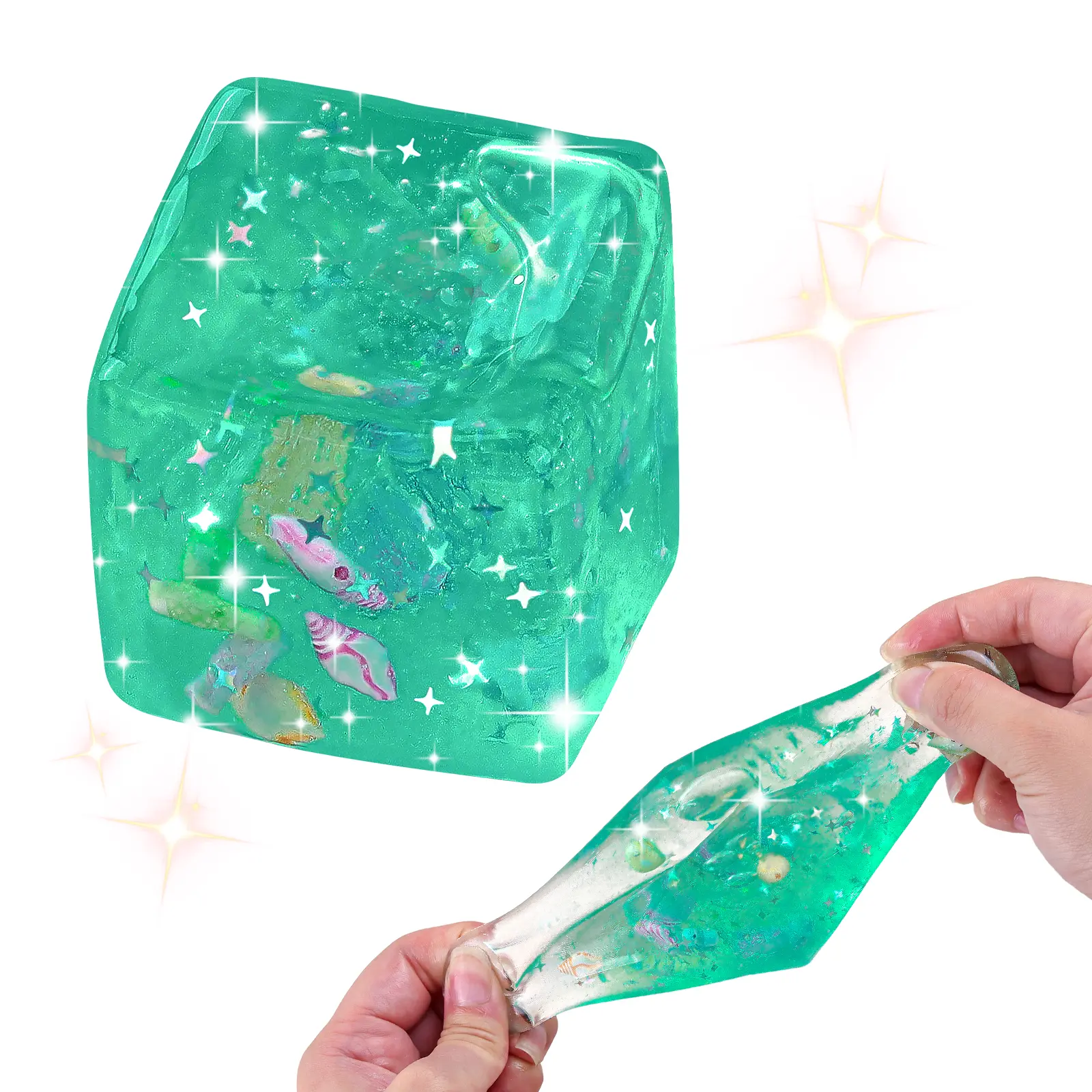 Anboor Nice Cube Stress Relief Toy Squeeze Solid Squishies Fidget Toy with Blue Ocean Shells Inside, Soft Slow Rise Stress Relief Sensory Toys for Adults Teenage Classroom Prizes Gift for Kids Parents Partner