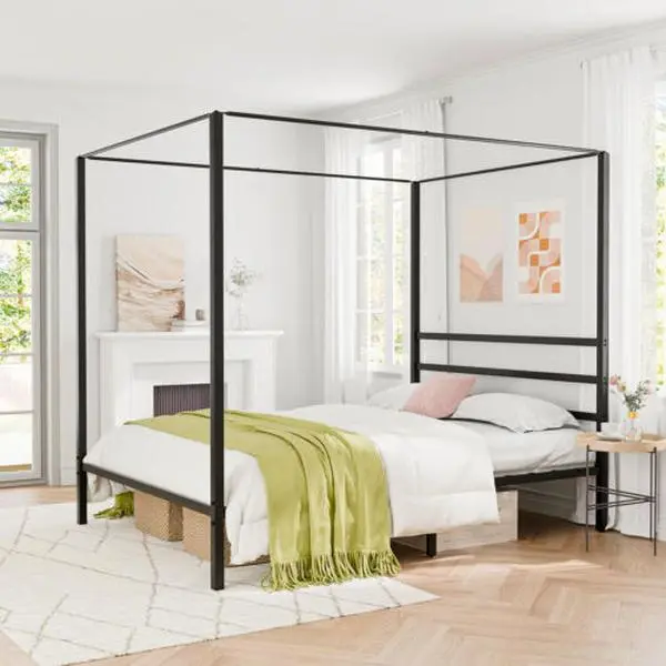 ZENSTYLE Queen Size 80x60 Inches Metal Canopy Bed Frame with 4-Poster Headboard, Slat Support, EVA Sponge, No Box Spring Needed, Self-Assembling, Space-Saving Indoor Furniture for Bedrooms, Fits Queen Mattresses
