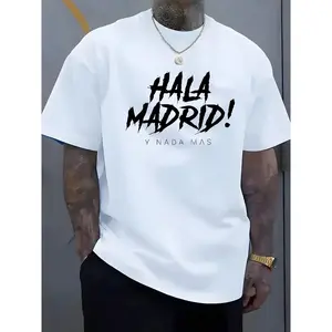 Men'S "Hala Madrid!" Graphic T-Shirt - Soft, Comfortable Polyester Crew Neck, Casual Short Sleeve Tee for Summer & Spring, Lightweight & Breathable Design, Perfect for Sports or Casual Attire, Sports Casual Wear | Bold Letter Print | Comfortable Fit
